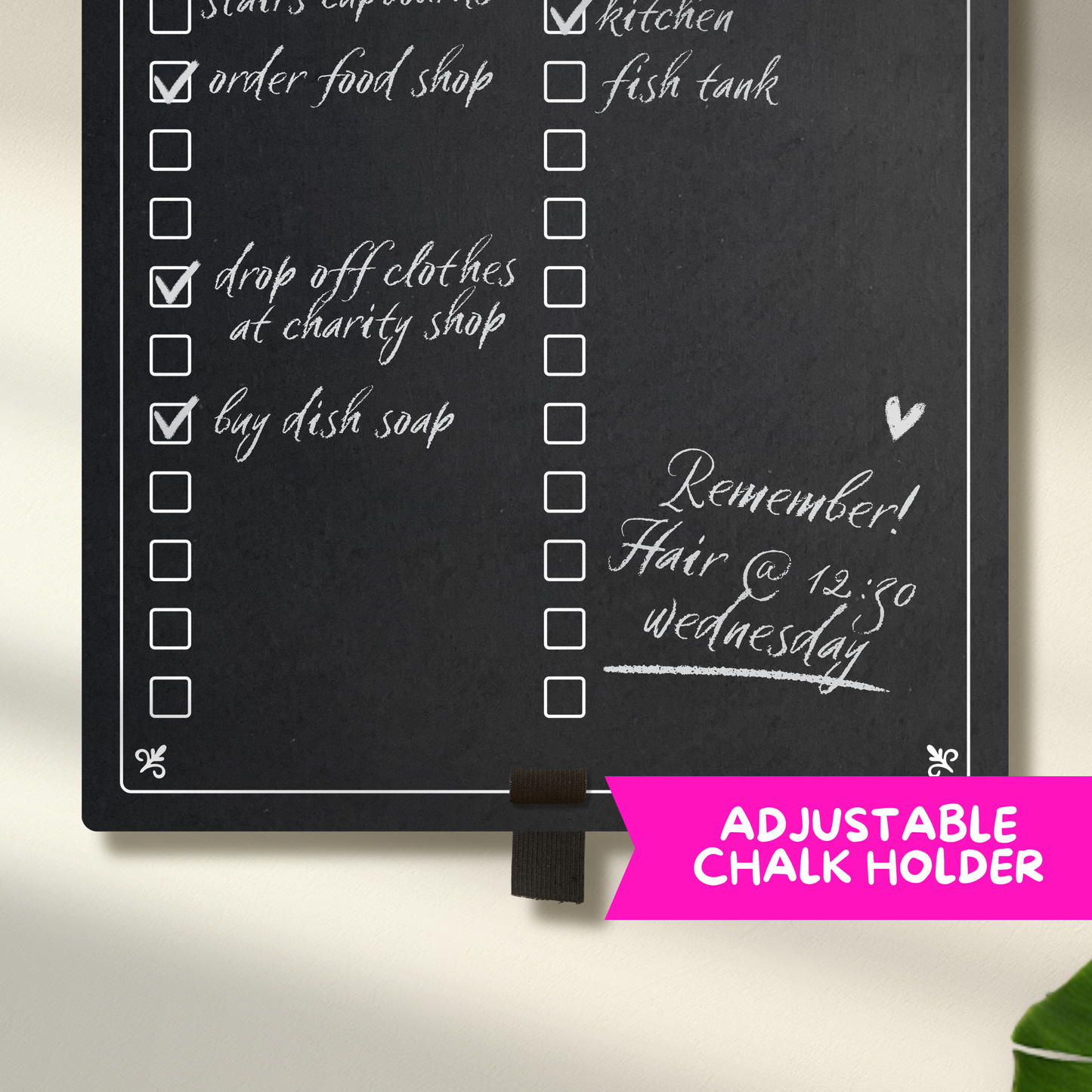 Close up of a chalkboard with adjustable pen holder at the bottom, featuring printed 2 collumns of check boxes with listed items ticked off.