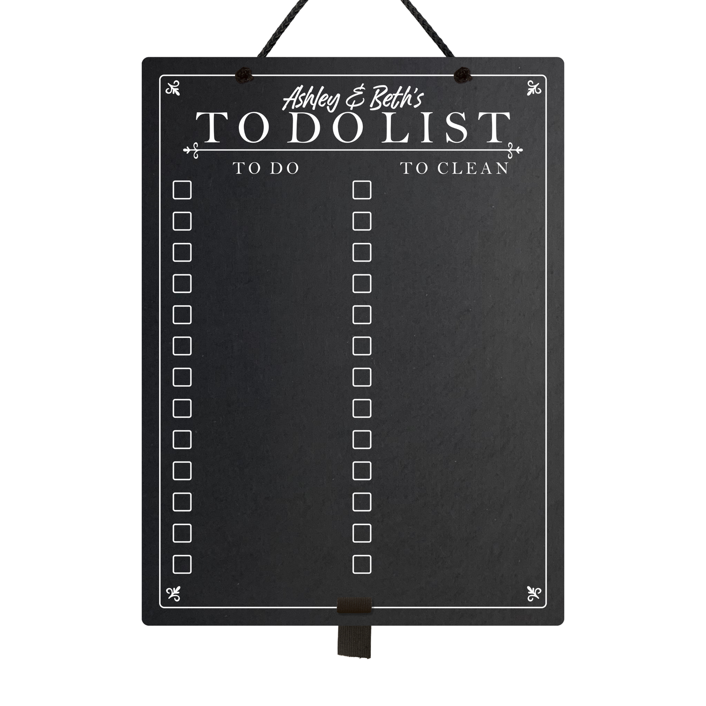 Large portrait chalkboard hanging from black rope with an adjustable elastic pen holder at the bottom. Featuring printed 'to do' and 'to clean' collumn headers with check boxes and 'Ashley & Beth's To Do List' at the top. 