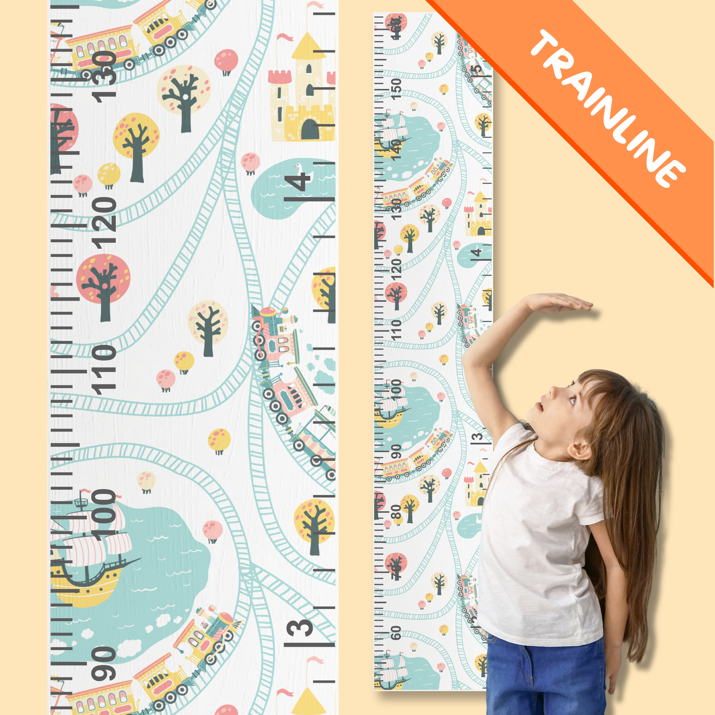 Child standing next to a growth chart with train design