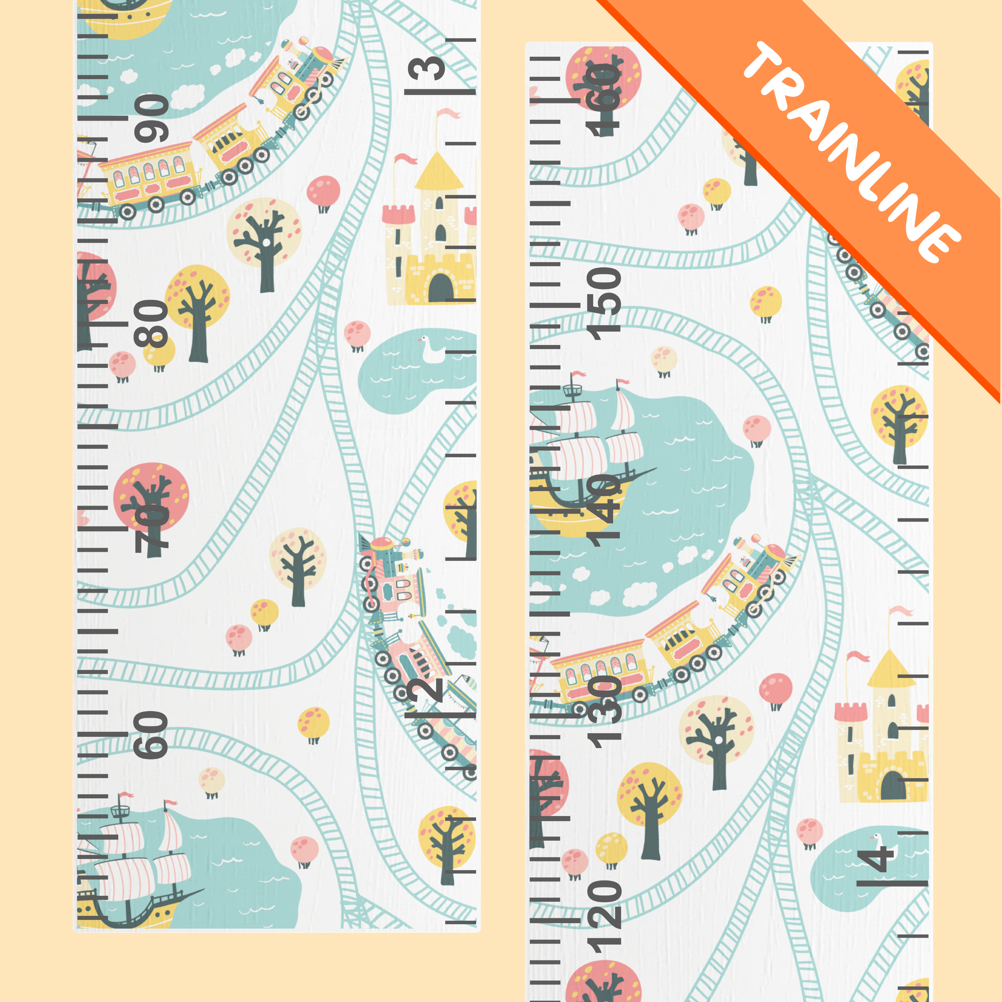 Children's growth chart with train-themed design on a beige background