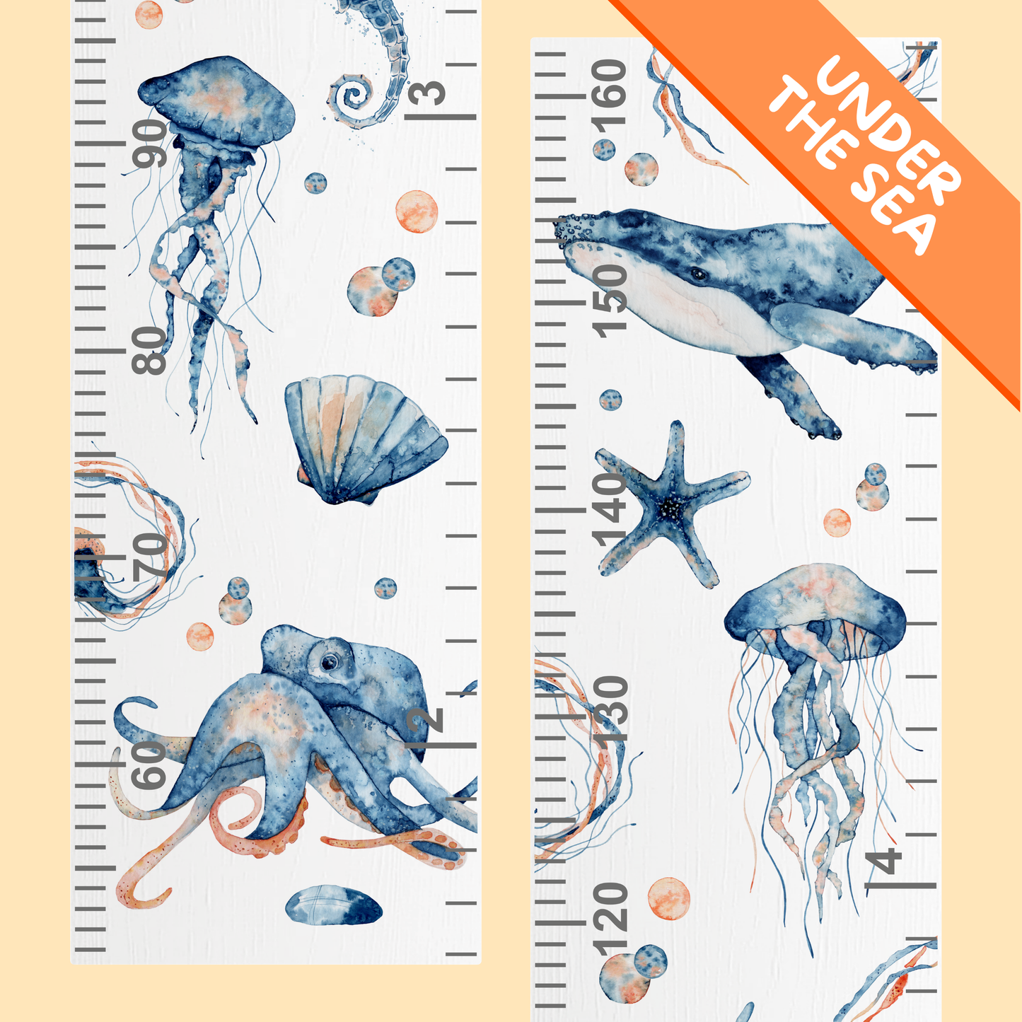 Children's height chart with ocean-themed illustrations of jellyfish, octopus, and whale on a beige background.