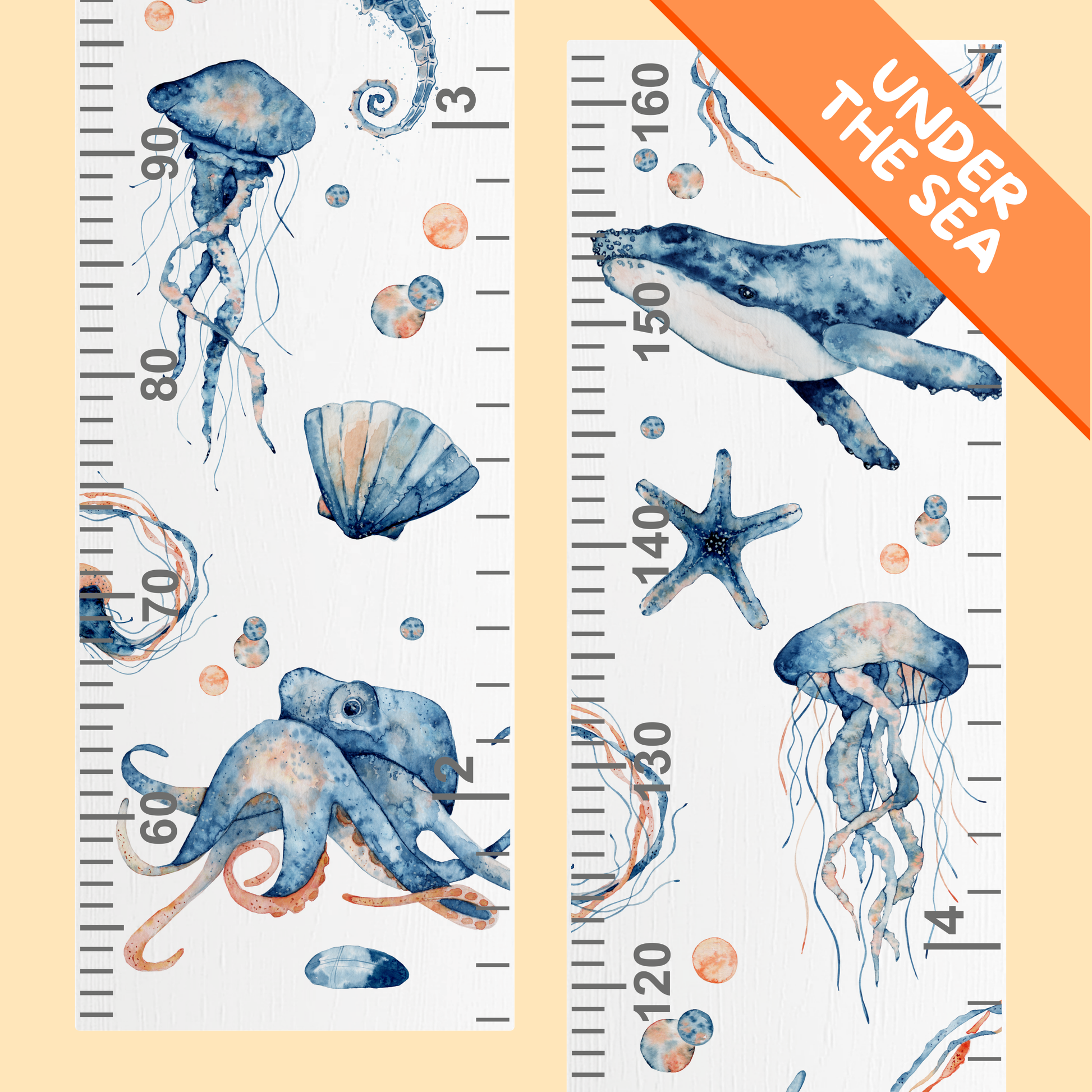 Children's height chart with ocean-themed illustrations of jellyfish, octopus, and whale on a beige background.