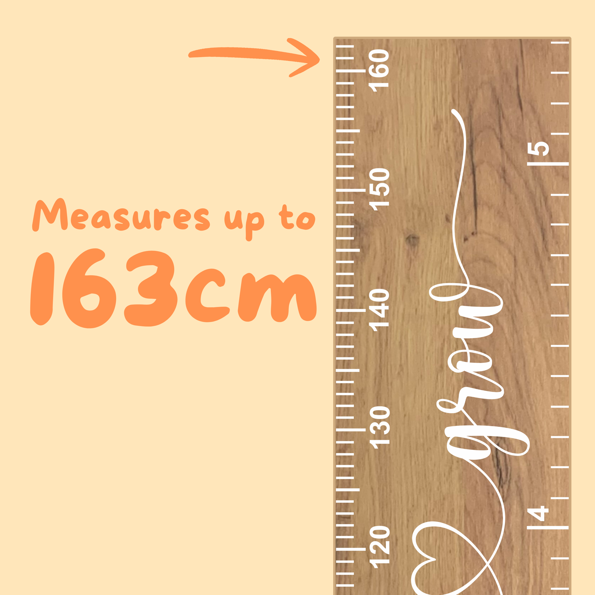 Wooden growth chart with measurement scale indicating the ruler measures up to 163 cm