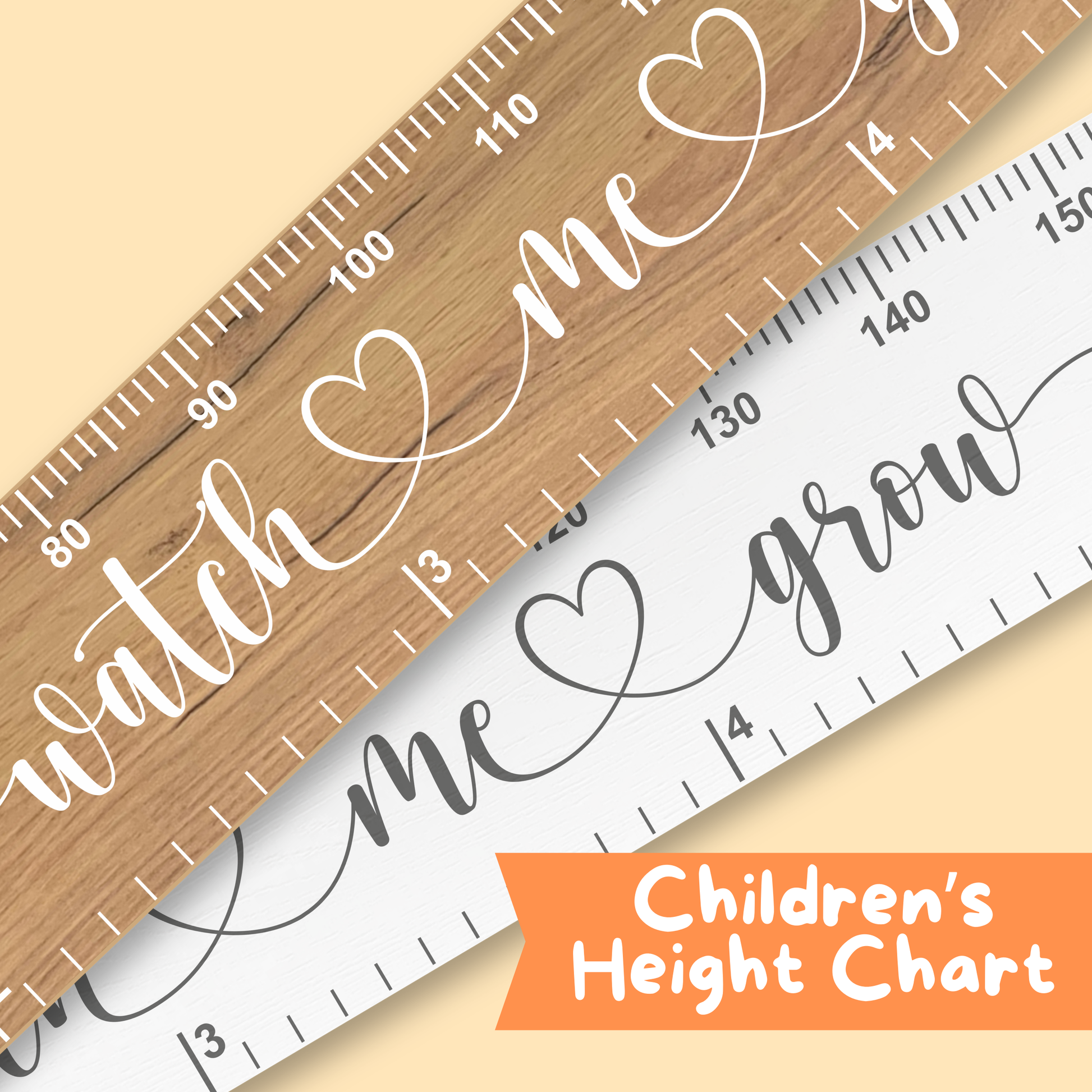 Children's height charts, one in natural wood with white print and the other in white with grey print, featuring the words  'watch me grow' printed up the middle in cursive script