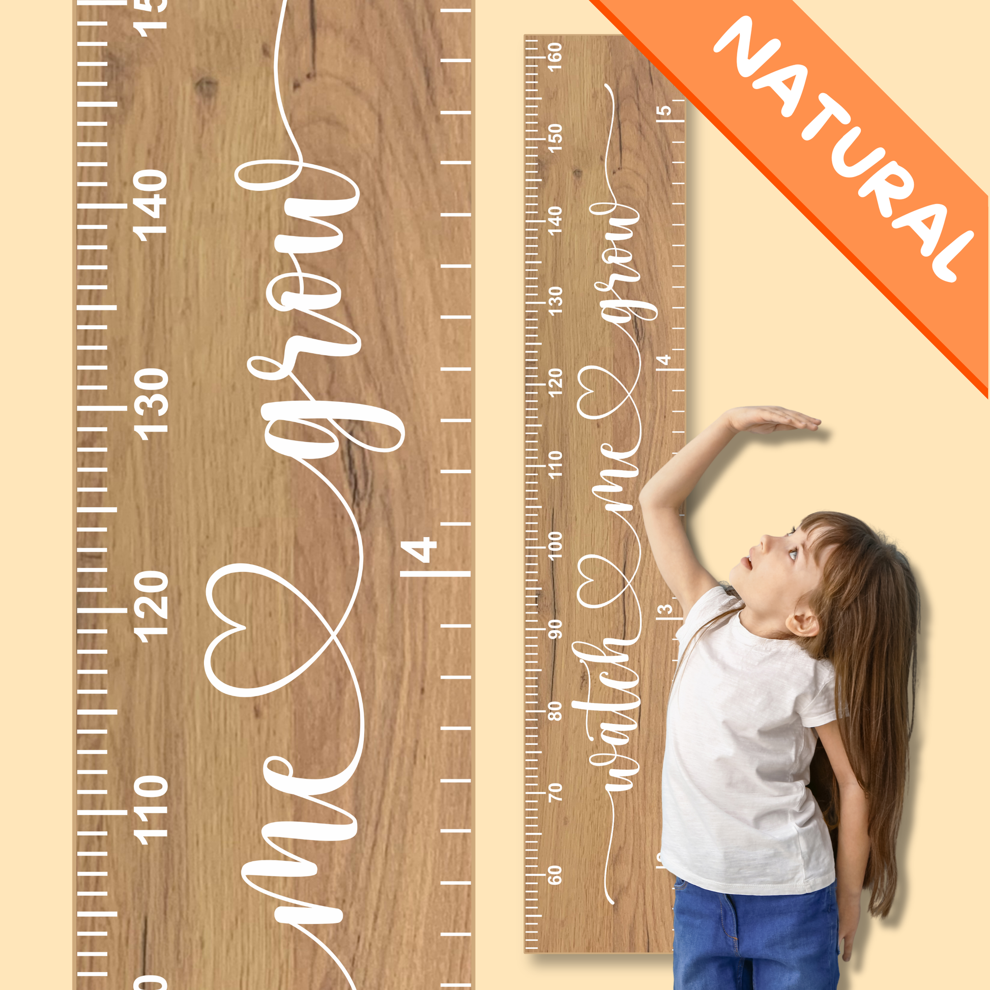 Wooden growth chart with cursive script printed up the middle saying 'watch me grow' in white, and a child standing next to it against a beige background.