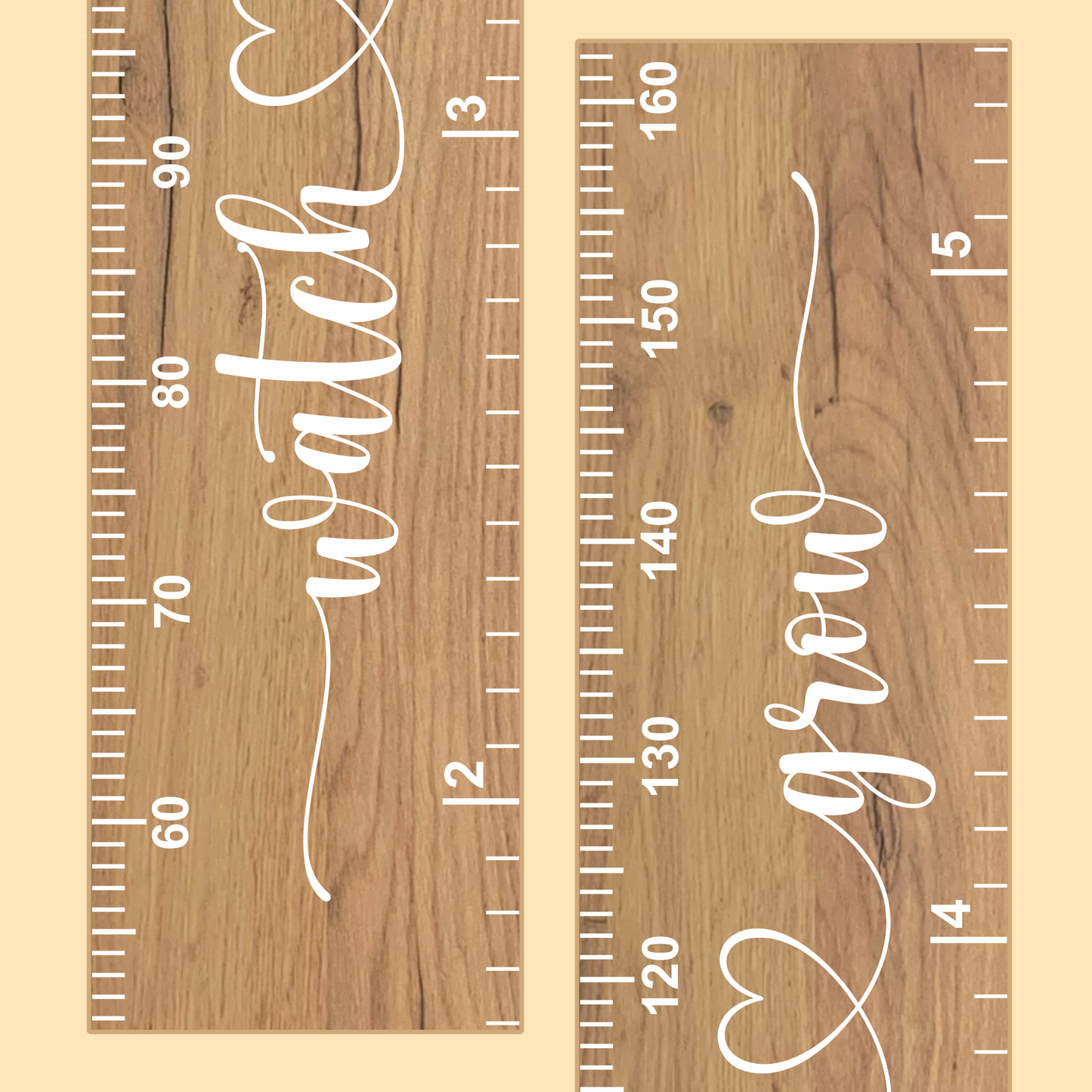 Close up of a wooden growth chart with cursive script printed up the middle saying 'watch me grow' in white
