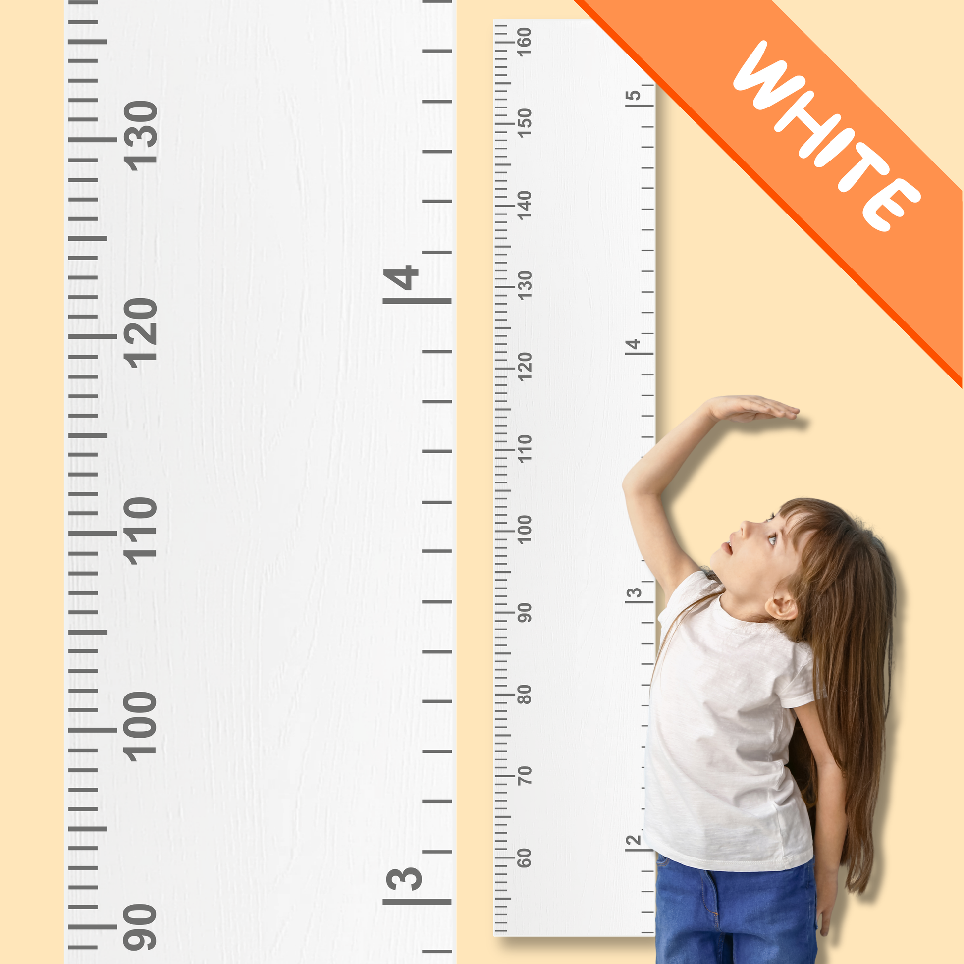 Child standing next to a height chart with 'White' label on a beige background