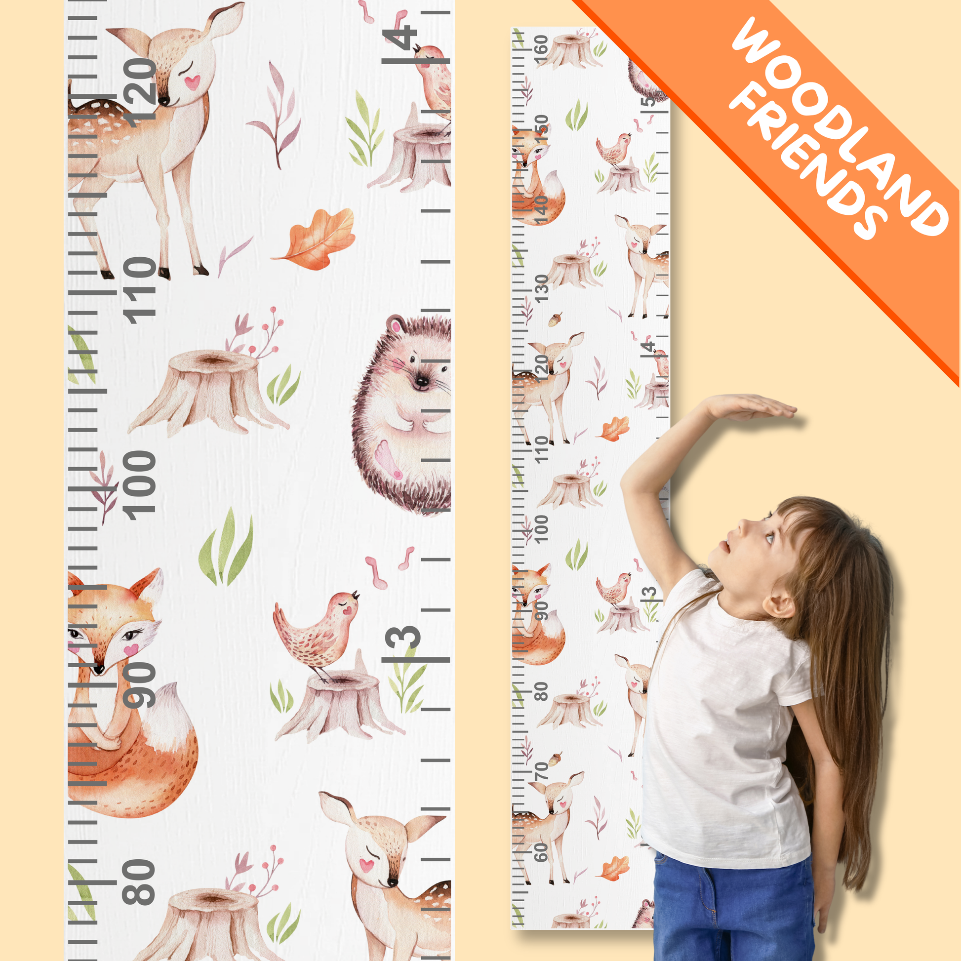 Two height charts with woodland animal designs and a child using one of them.