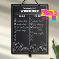 Large chalkboard hanging from a black rope with elastic pen holder at the bottom, featuring "to do" and "to get" collumn headers and check boxes printed with "Grandad Trev's Workshop" printed at the top. A colourful sign indicates "Personalise me!" with an arrow pointing towards the product.