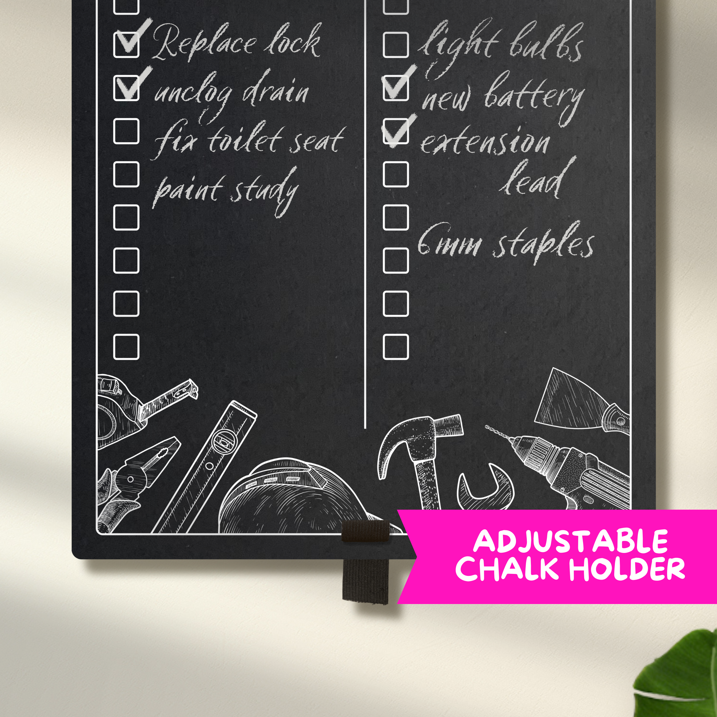 Close up of a chalkboard, featuring sketchy tool illustrations printed along the bottom with an elastic pen holder.