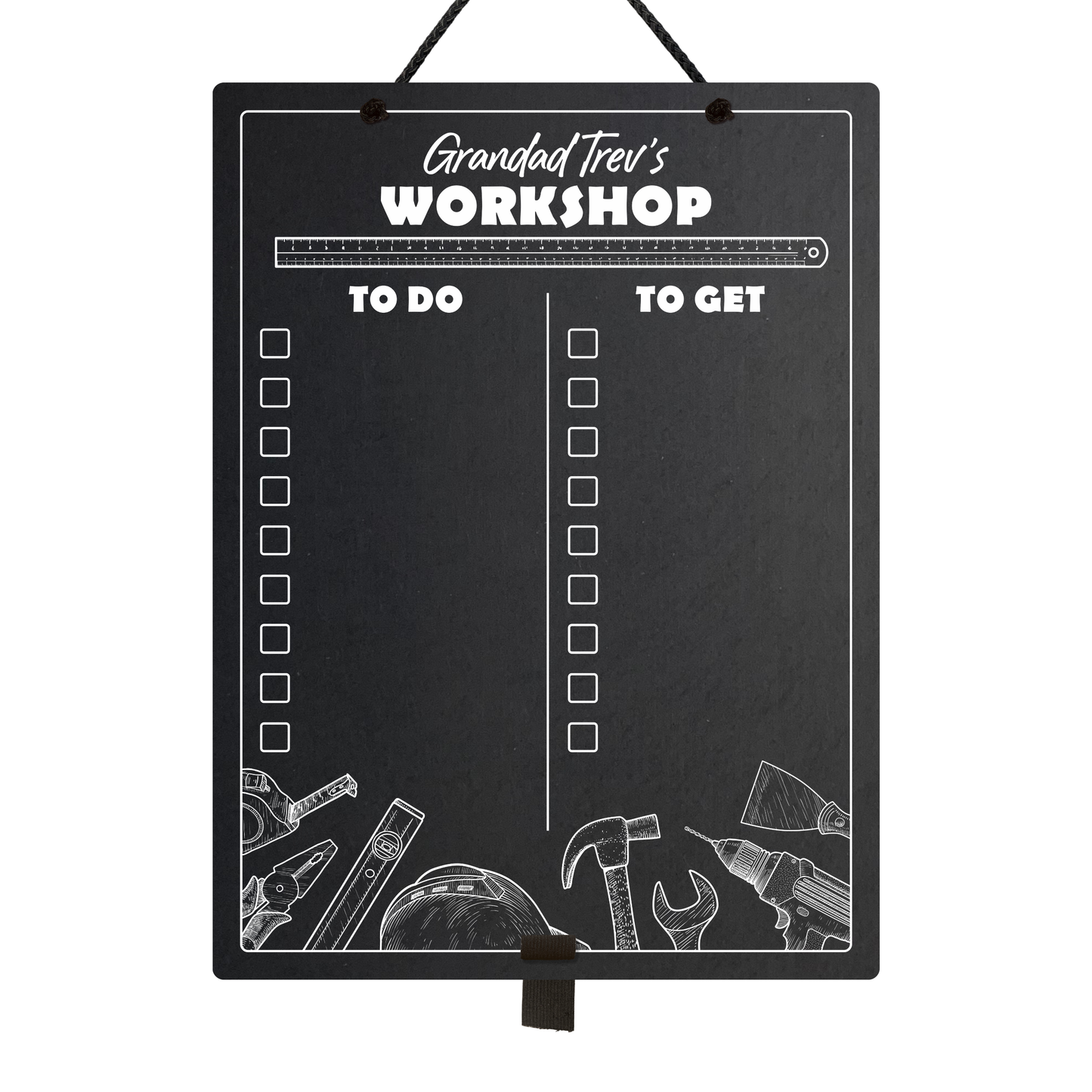Large chalkboard hanging from a black rope with elastic pen holder at the bottom, featuring "to do" and "to get" collumn headers and check boxes printed with "Grandad Trev's Workshop" printed at the top. 